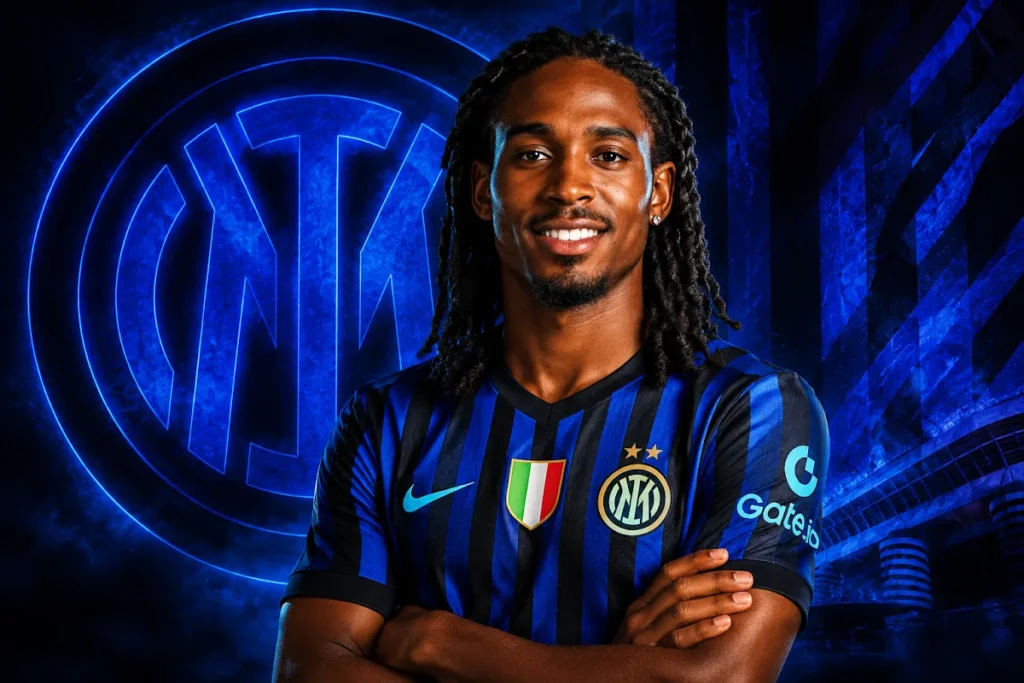 Spence in maglia Inter con stemma Inter e due stelle, ritratto con logo Inter illuminato sullo sfondo