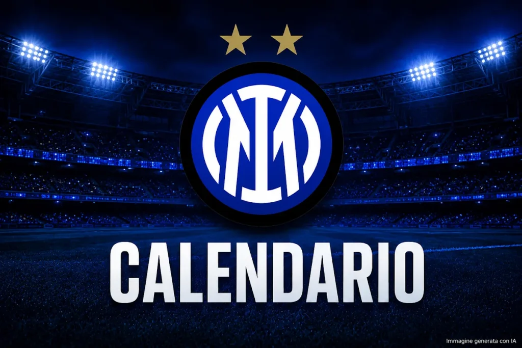 Logo Inter con due stelle e sfondo stadio, scritta Calendario