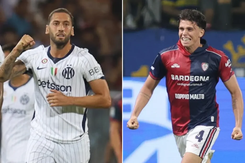 Hakan Calhanoglu in maglia Inter, esulta in campo (sulla sinistra). Romano esulta con la maglia del Cagliari (sulla destra)