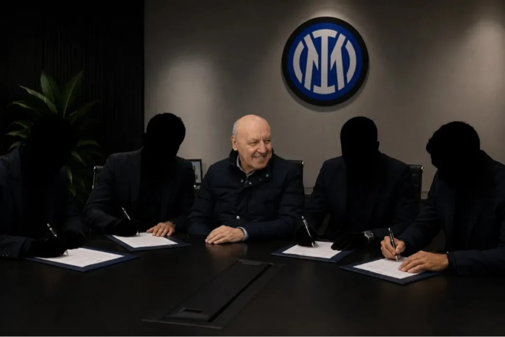 Riunione dirigenti Inter al tavolo con logo nerazzurro sullo sfondo, discussioni su strategia mercato