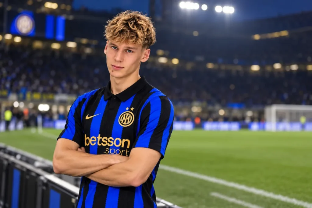 Zebrauskas calciatore con la maglia nerazzurra a braccia conserte a bordo campo in uno stadio illuminato di sera
